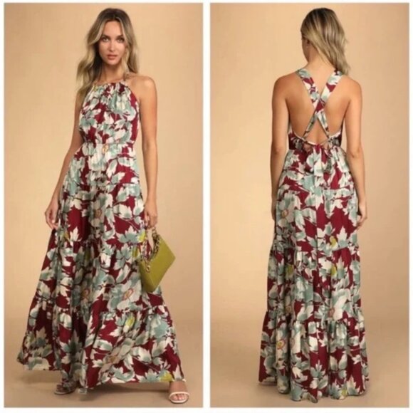Lulus Tropical Burgundy Red Heat Wave Floral Tie Tiered Long Maxi Dress Medium - Picture 1 of 12